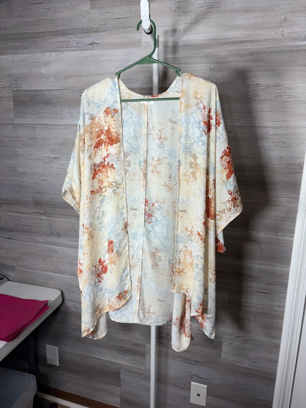 Maurices Cream and Light Blue Floral Kimono Shrug with Rust Accents 2039